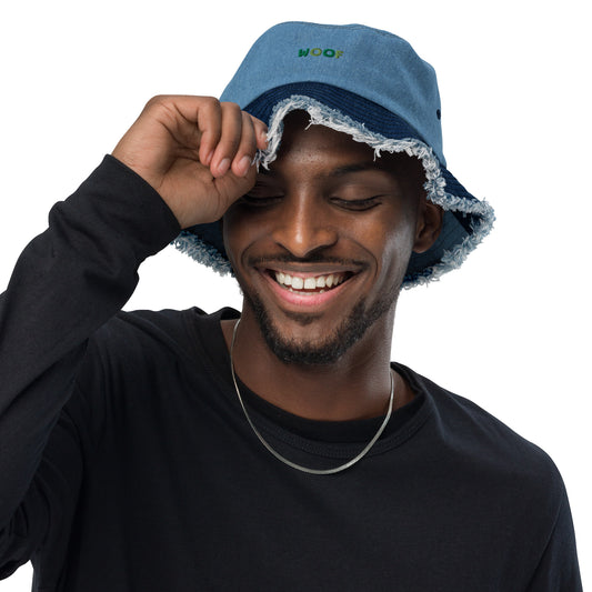 "WOOF" Distressed denim bucket hat